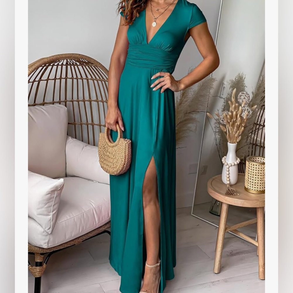 ANRABESS Women Deep V Neck Short Sleeve Dress Slit Elegant Cocktail Evening